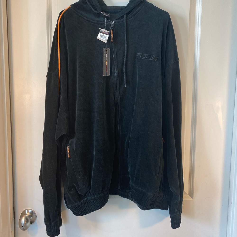 NWT Vintage FUBU Collection Velour Black & Orange Full Zip Y2K 90’s Jacket, XXL